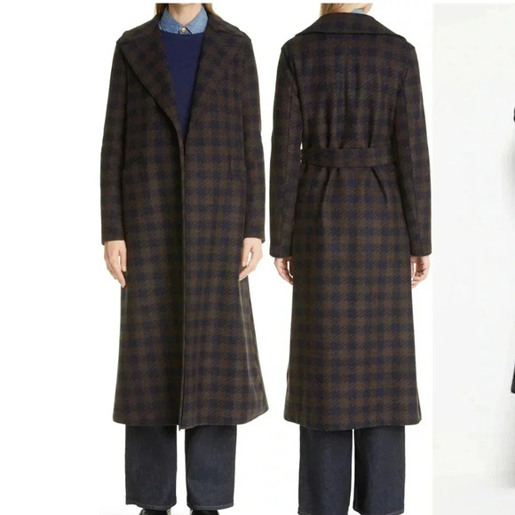 HARRIS WHARF LONDON EUC Gingham Belted Wool Maxi Coat Chocolate Brown Blue 10 44